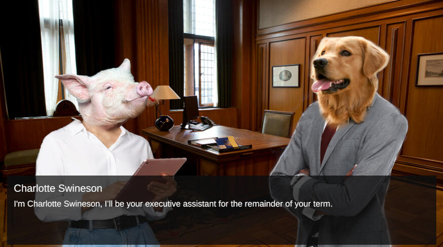 Mayor Barkley speaking with his assistant, Charlotte Swineson