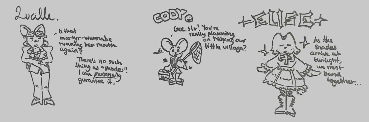 Whiteboard sketches of some of the characters (by the Lead Artist)