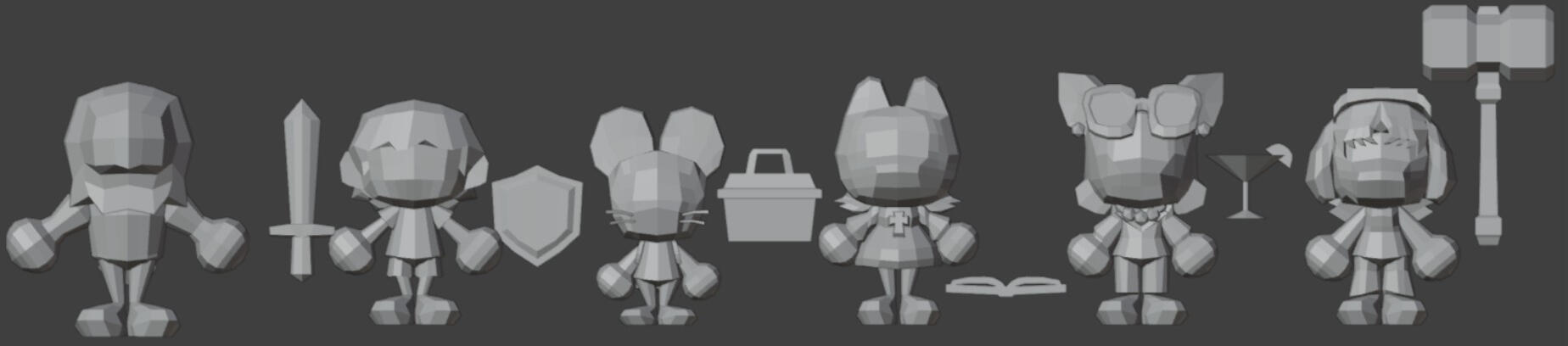 Models for the 6 main characters, made by the Lead Artist